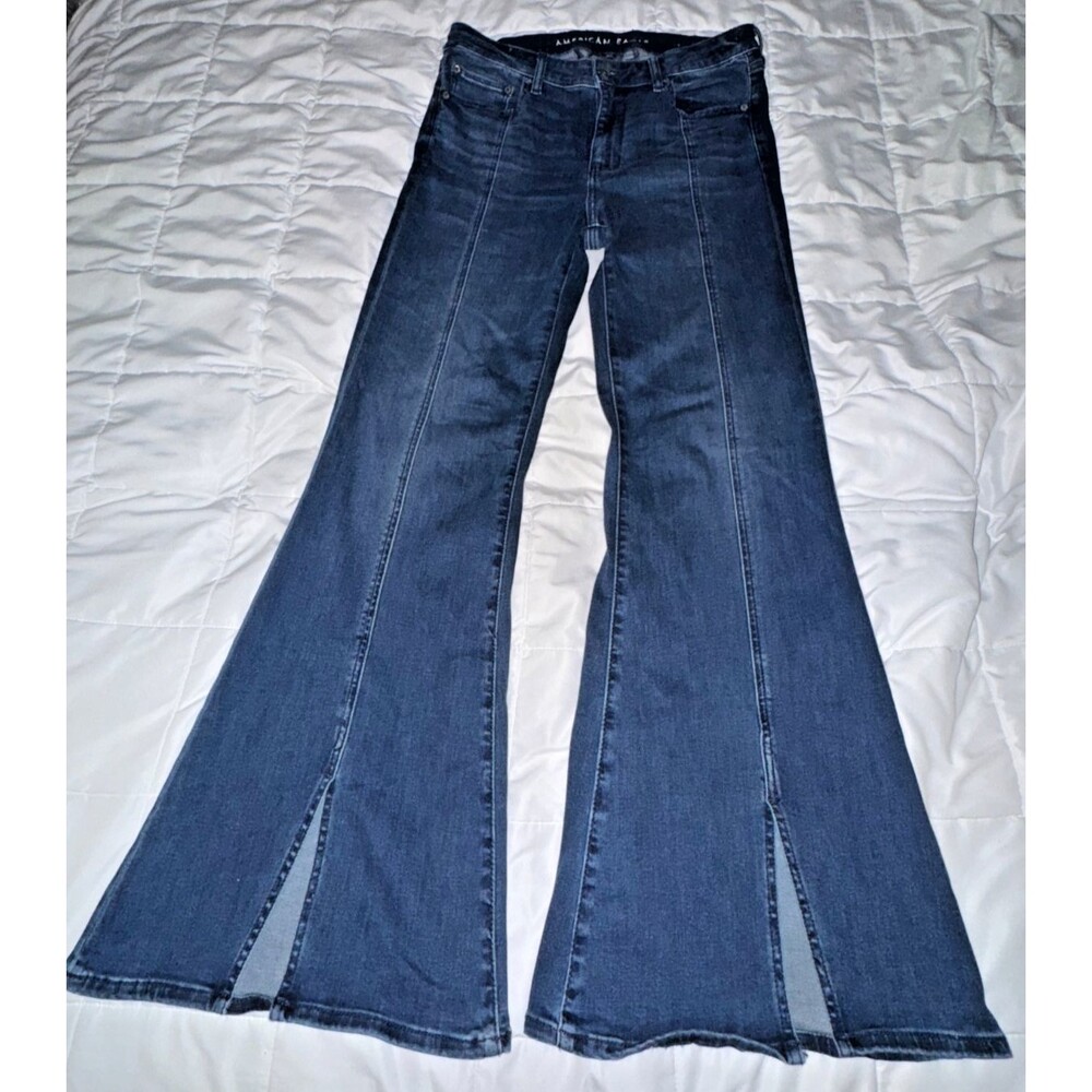 American Eagle Festival Flare Jeans Size 12 Long Bell Wide Leg Slit Raw Hem